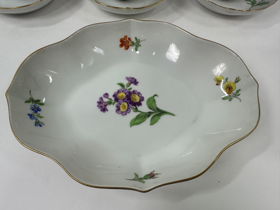 (3) Meissen Germany Flower Hand Painted Porcelain Cups (2'H), (3) Saucers (4.5'W) and (1) Serving Dish (7.5'W x 6'D x 1.5'H) [Photo 5]