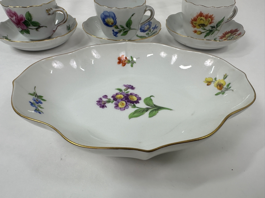 (3) Meissen Germany Flower Hand Painted Porcelain Cups (2'H), (3) Saucers (4.5'W) and (1) Serving Dish (7.5'W x 6'D x 1.5'H) [Photo 6]