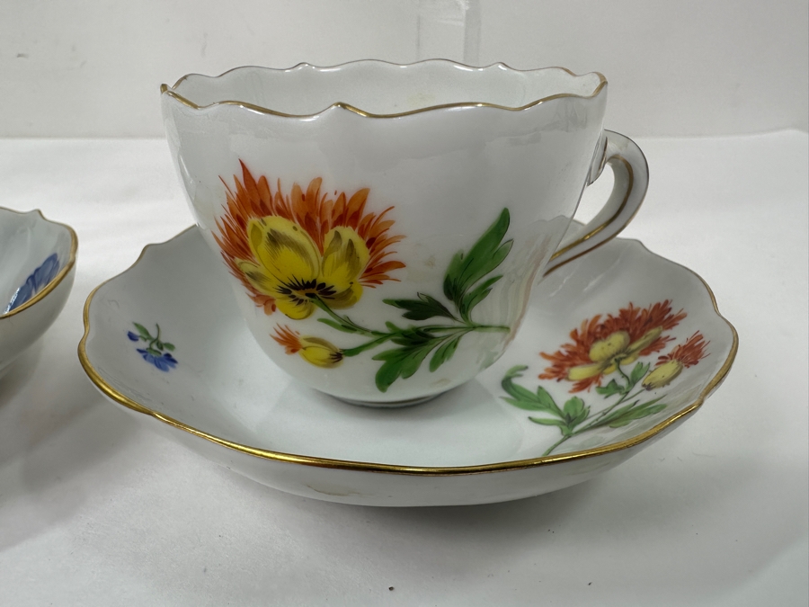 (3) Meissen Germany Flower Hand Painted Porcelain Cups (2'H), (3) Saucers (4.5'W) and (1) Serving Dish (7.5'W x 6'D x 1.5'H) [Photo 2]