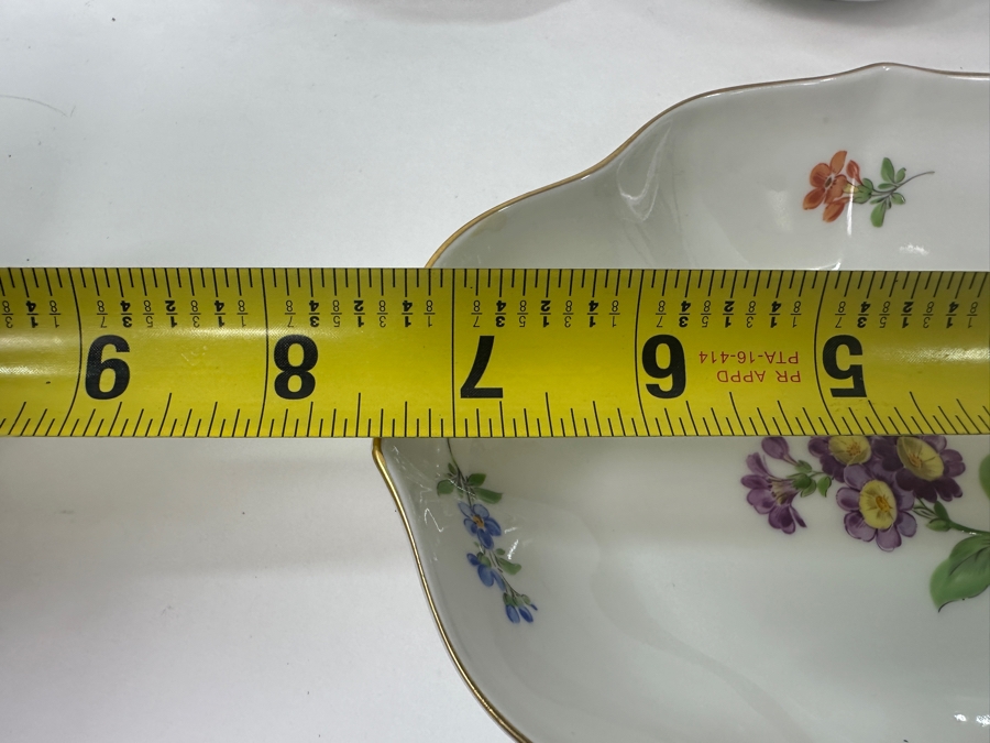 (3) Meissen Germany Flower Hand Painted Porcelain Cups (2'H), (3) Saucers (4.5'W) and (1) Serving Dish (7.5'W x 6'D x 1.5'H) [Photo 14]