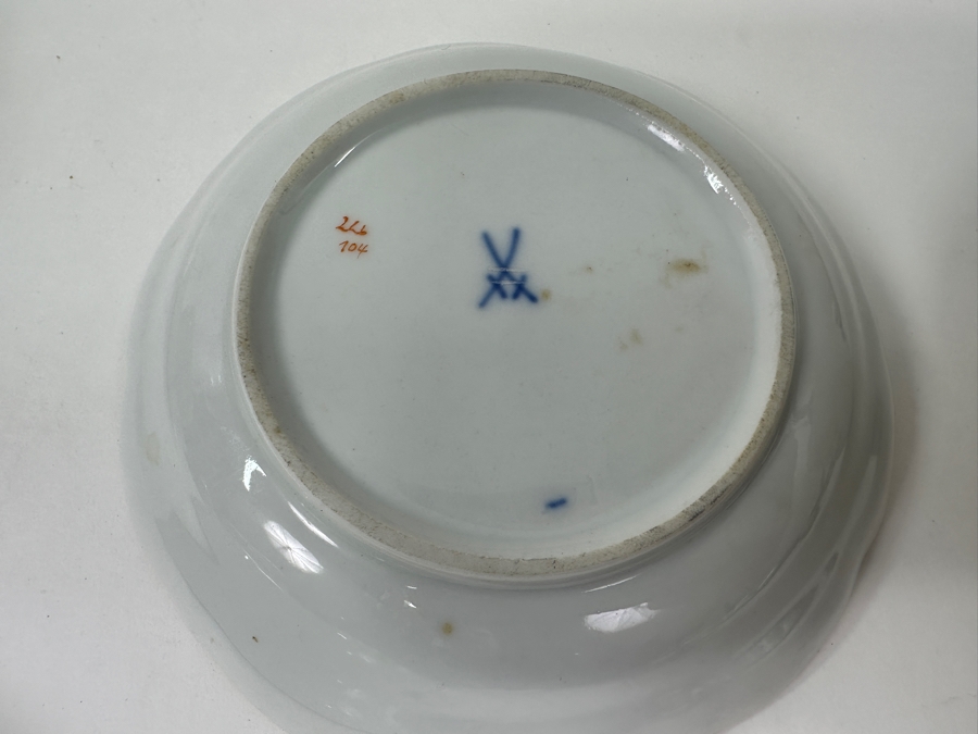 (3) Meissen Germany Flower Hand Painted Porcelain Cups (2'H), (3) Saucers (4.5'W) and (1) Serving Dish (7.5'W x 6'D x 1.5'H) [Photo 9]