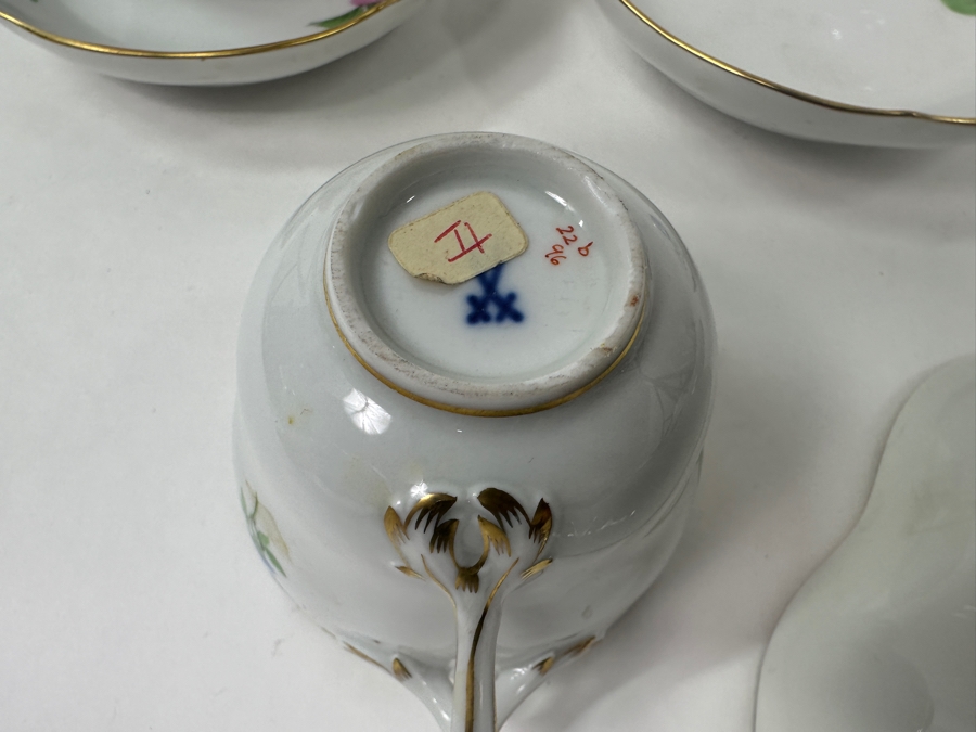 (3) Meissen Germany Flower Hand Painted Porcelain Cups (2'H), (3) Saucers (4.5'W) and (1) Serving Dish (7.5'W x 6'D x 1.5'H) [Photo 11]