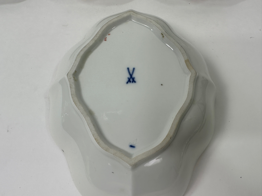 (3) Meissen Germany Flower Hand Painted Porcelain Cups (2'H), (3) Saucers (4.5'W) and (1) Serving Dish (7.5'W x 6'D x 1.5'H) [Photo 7]