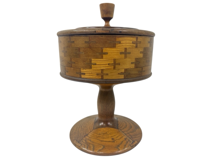 Vintage Mission Style Inlaid Wood Box with Pedestal Base 12'H