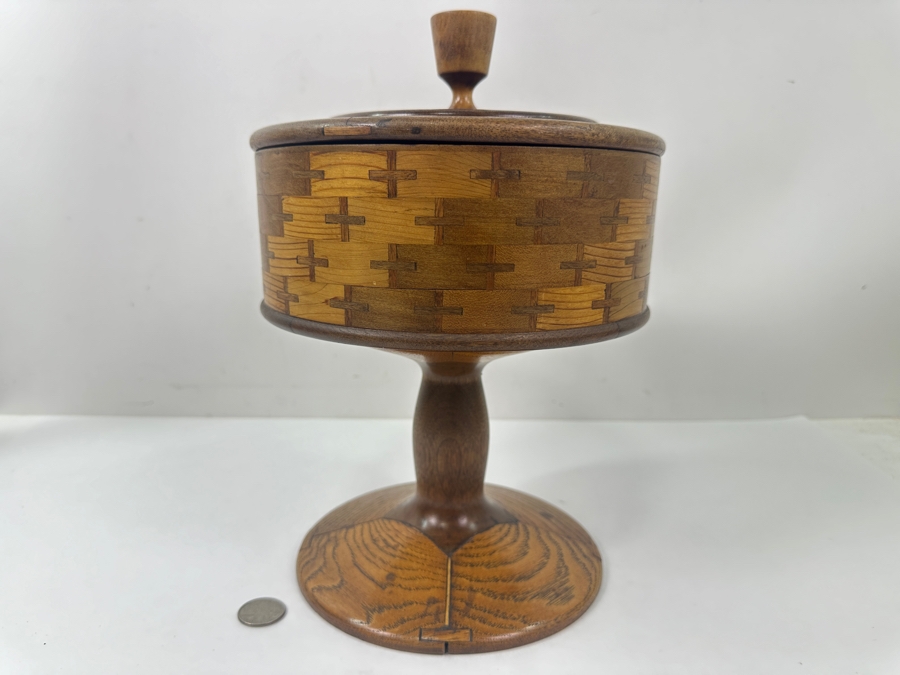 Vintage Mission Style Inlaid Wood Box with Pedestal Base 12'H [Photo 12]