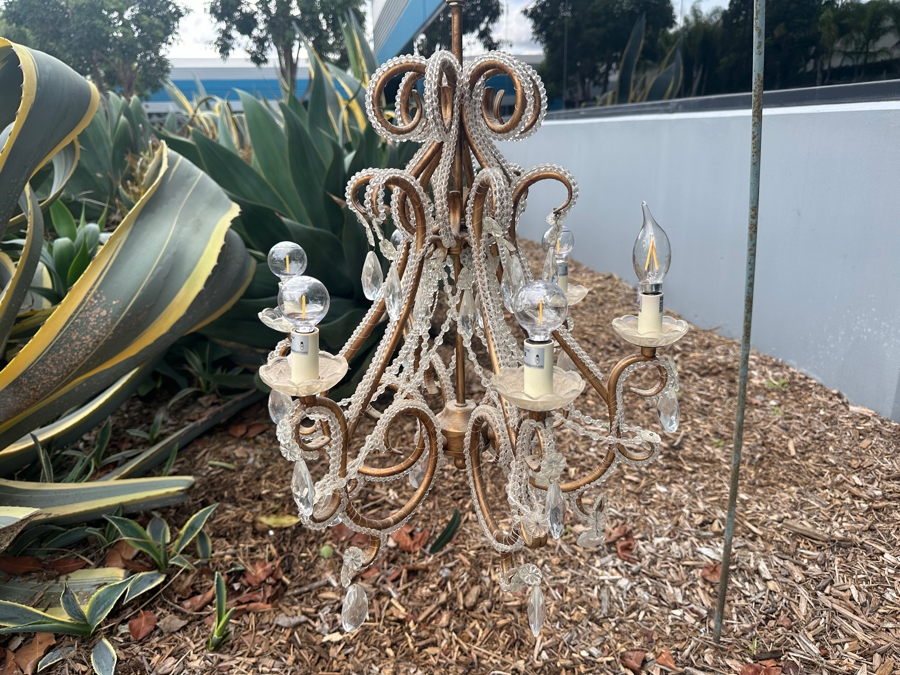 Elegant Italian Gilt Metal And Crystal Chandelier with Pendulum-Style Crystals And Garlands of English Cut Beads 18'W x 30'H [Photo 3]