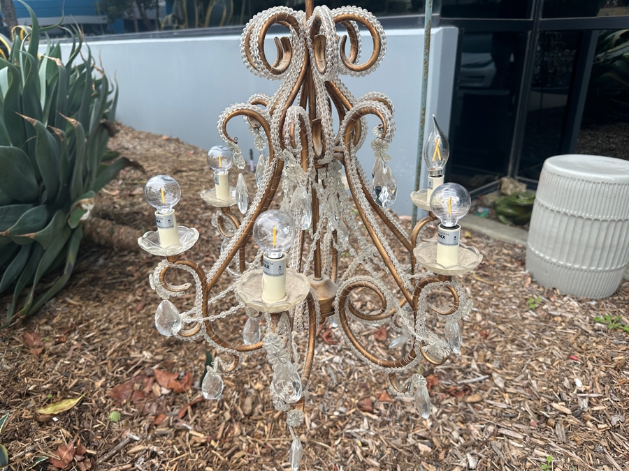 Elegant Italian Gilt Metal And Crystal Chandelier with Pendulum-Style Crystals And Garlands of English Cut Beads 18'W x 30'H