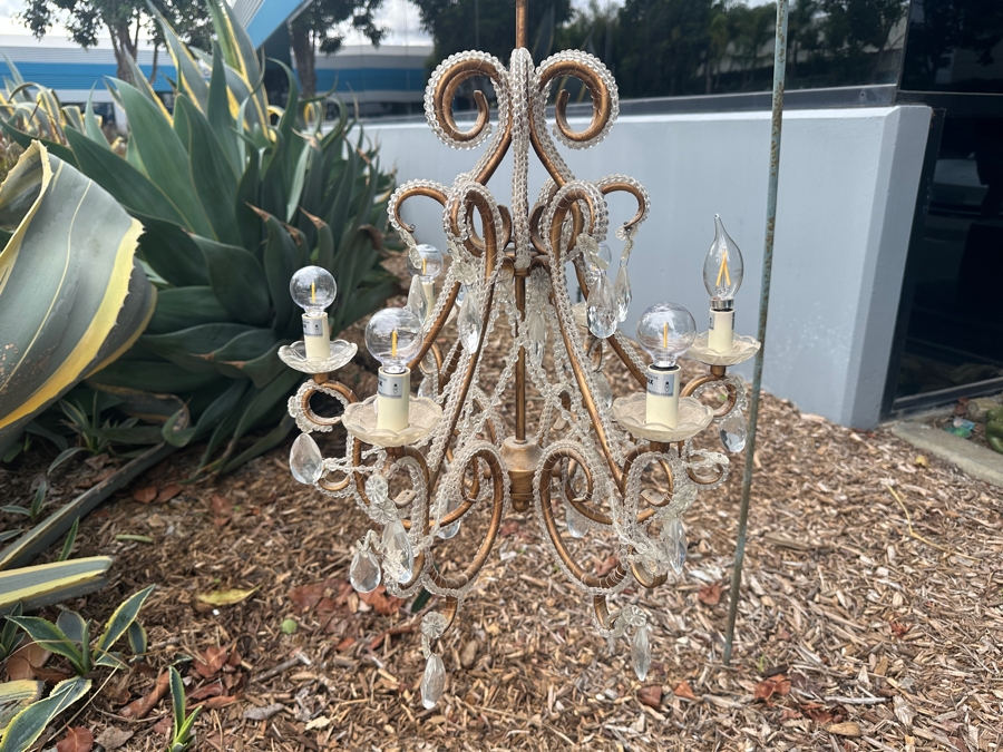 Elegant Italian Gilt Metal And Crystal Chandelier with Pendulum-Style Crystals And Garlands of English Cut Beads 18'W x 30'H [Photo 2]