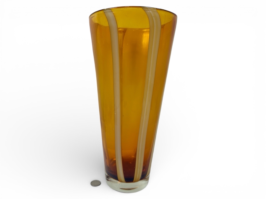 Butterscotch-Colored Murano Glass Vase with White Stripes 14.5'H