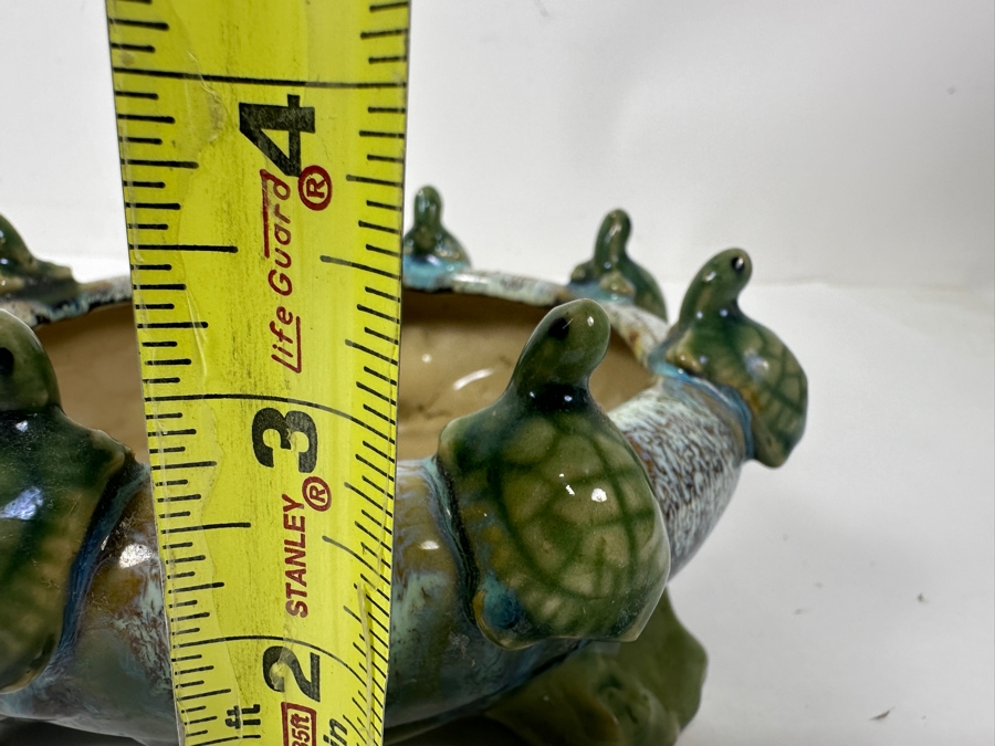 Vintage Green Pottery Turtle Footed Planter Green Drip Glaze Bowl Signed P302LT [Photo 6]