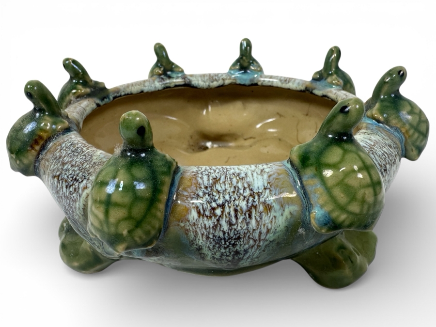 Vintage Green Pottery Turtle Footed Planter Green Drip Glaze Bowl Signed P302LT