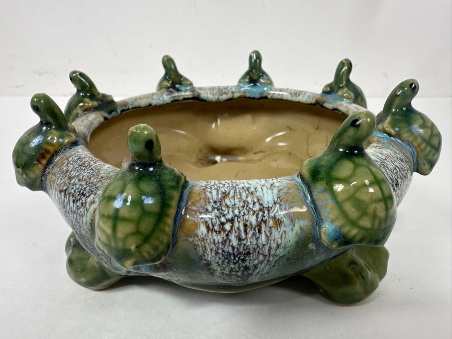 Vintage Green Pottery Turtle Footed Planter Green Drip Glaze Bowl Signed P302LT [Photo 2]