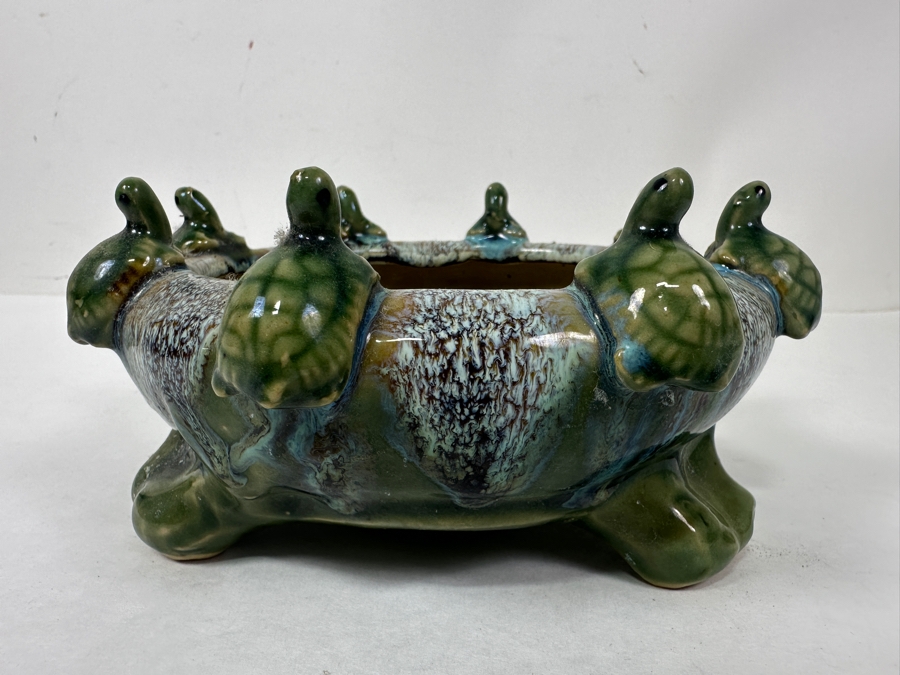 Vintage Green Pottery Turtle Footed Planter Green Drip Glaze Bowl Signed P302LT [Photo 3]