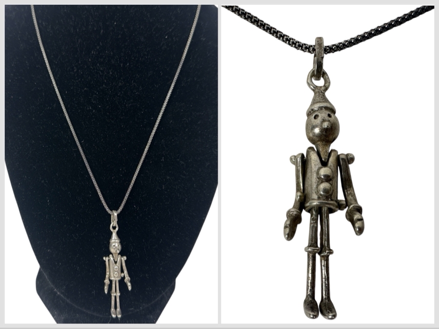 Vintage Sterling Silver Articulated Pinocchio Puppet Pendant with 18' Chain 9.8g Marked 925 Italy