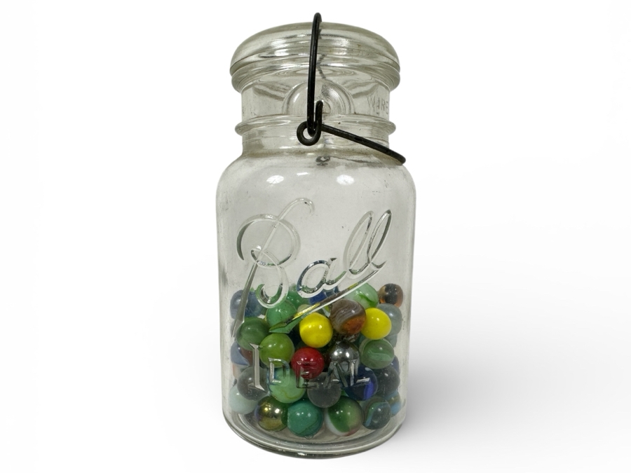 Vintage Ball Ideal Mason Jar Filled with Colorful Assorted Glass Marbles