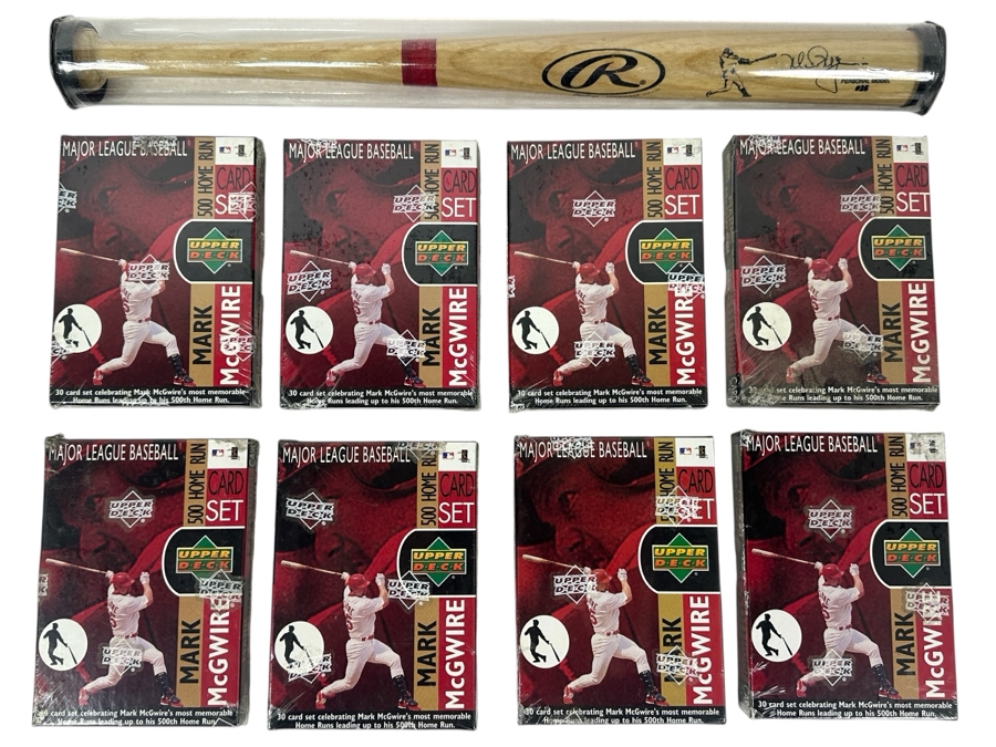 (8) Factory Sealed Upper Deck Mark McGwire 500 Home Run Card Set And (1) Mark McGwire Personal Model Mini Baseball Bat