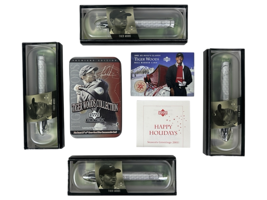 Tiger Woods Collectible Lot With (4) Upper Deck Collectibles Pens, (1) 2001 Upper Deck St. Nick's Classic Tiger Woods Ball Marker Card And (1) Upper Deck Tiger Woods Collection Trading Cards Premiere Edition
