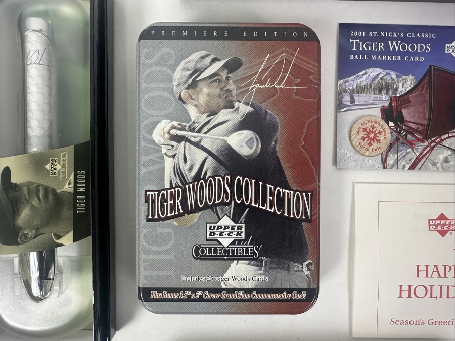 Tiger Woods Collectible Lot With (4) Upper Deck Collectibles Pens, (1) 2001 Upper Deck St. Nick's Classic Tiger Woods Ball Marker Card And (1) Upper Deck Tiger Woods Collection Trading Cards Premiere Edition [Photo 2]