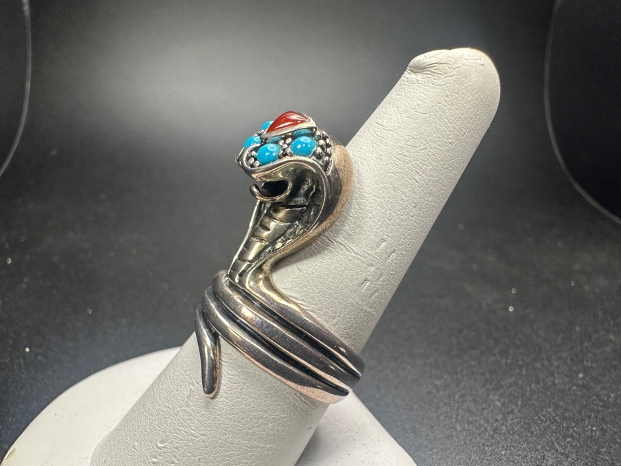 Sterling Silver Cobra Snake Statement Ring With Turquoise And Carnelian Stones 9.8g Size 9.5 [Photo 3]