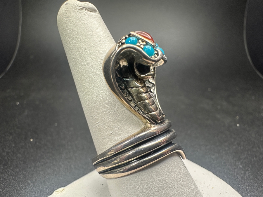 Sterling Silver Cobra Snake Statement Ring With Turquoise And Carnelian Stones 9.8g Size 9.5 [Photo 2]
