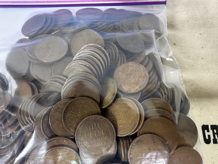 Vintage Wheat Pennies Cents Of Various Years (Unchecked) 904.2g With Vintage Crocker-Citizens National Bank Los Angeles Money Bag [Photo 5]