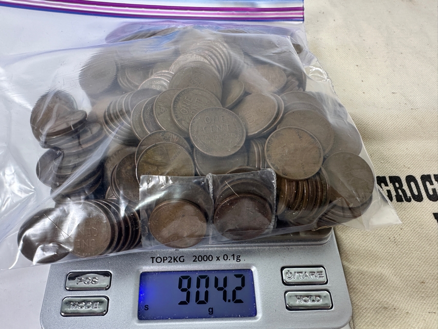 Vintage Wheat Pennies Cents Of Various Years (Unchecked) 904.2g With Vintage Crocker-Citizens National Bank Los Angeles Money Bag [Photo 2]