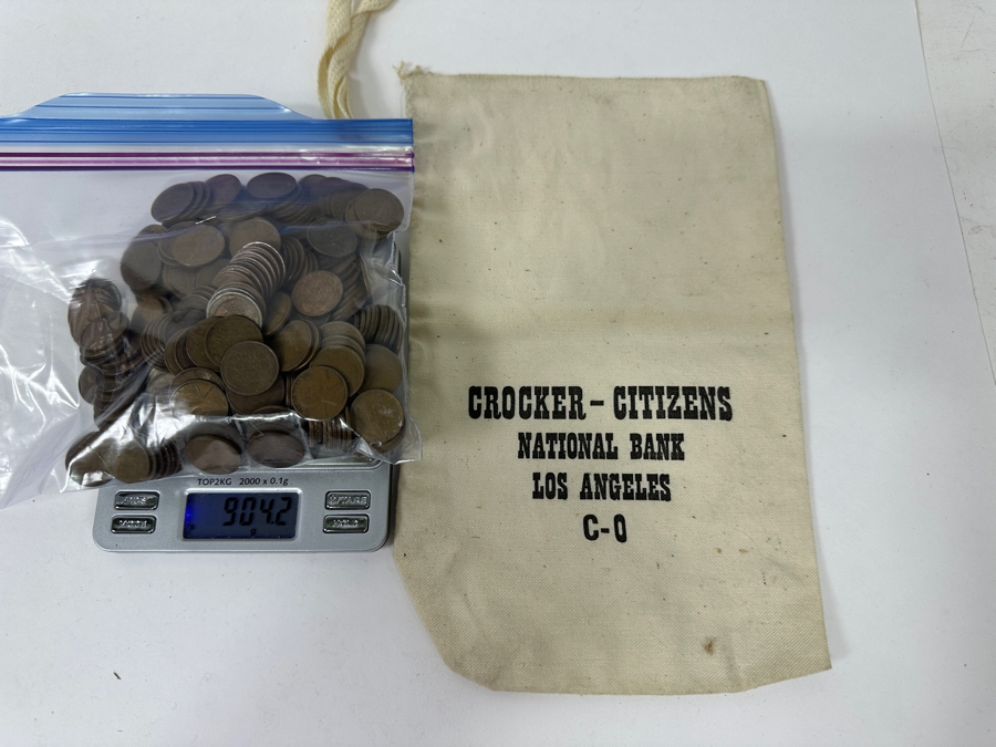 Vintage Wheat Pennies Cents Of Various Years (Unchecked) 904.2g With Vintage Crocker-Citizens National Bank Los Angeles Money Bag [Photo 7]