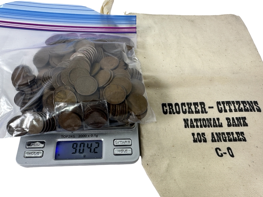 Vintage Wheat Pennies Cents Of Various Years (Unchecked) 904.2g With Vintage Crocker-Citizens National Bank Los Angeles Money Bag