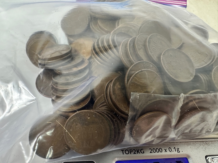 Vintage Wheat Pennies Cents Of Various Years (Unchecked) 904.2g With Vintage Crocker-Citizens National Bank Los Angeles Money Bag [Photo 4]