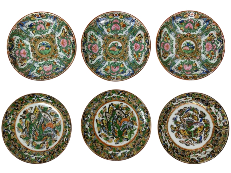 Set of (3) Chinese Famille Rose Medallion Porcelain Plates And (3) Chinese 'Thousand Butterfly' Pattern (Hudiepan) Porcelain Plates 5.5'W