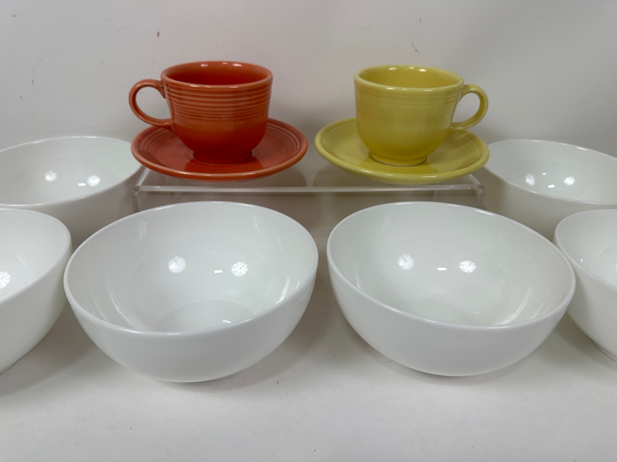 Set of (2) Fiestaware Cups and Saucers and (6) Wedgwood Bowls 6'W