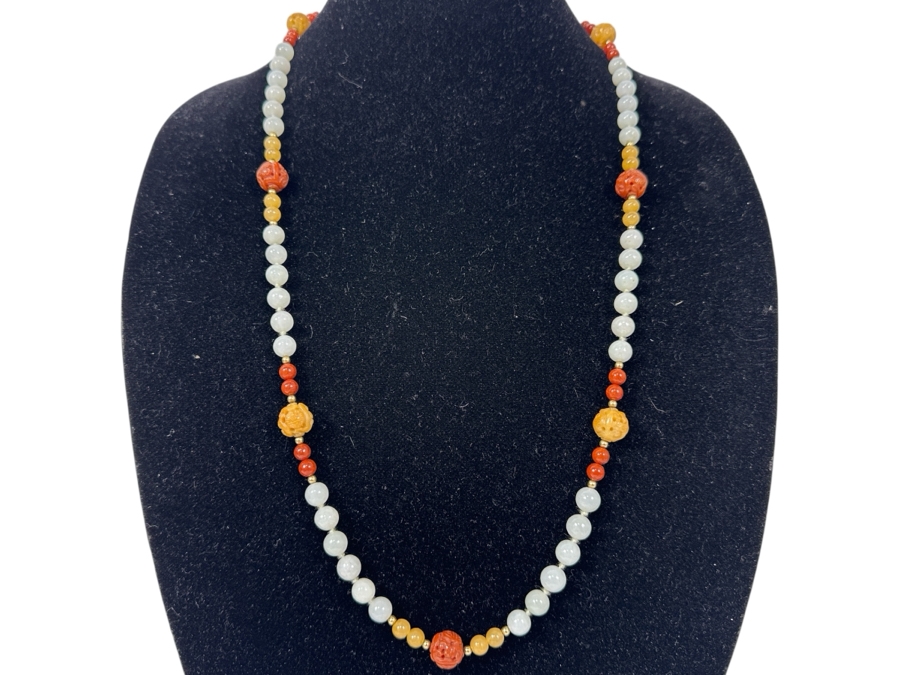 Chinese Multi-Stone 30' Necklace With Carved Stones And Gold Beads Estimate $200