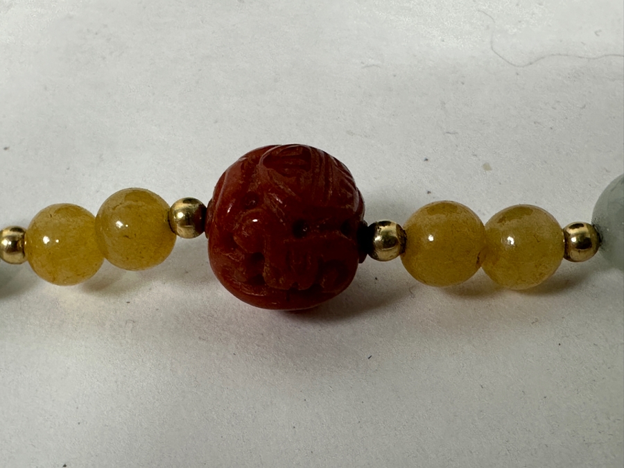 Chinese Multi-Stone 30' Necklace With Carved Stones And Gold Beads Estimate $200 [Photo 4]