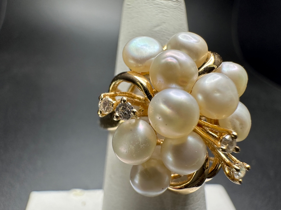 14k Gold Diamond / Pearl Ring Set With (4) 1.5mm Round Brilliant Diamonds Est. .10cttw And (10) 5mm Potato Pearls Size 5.5 7.2g Retails $2,600 [Photo 2]