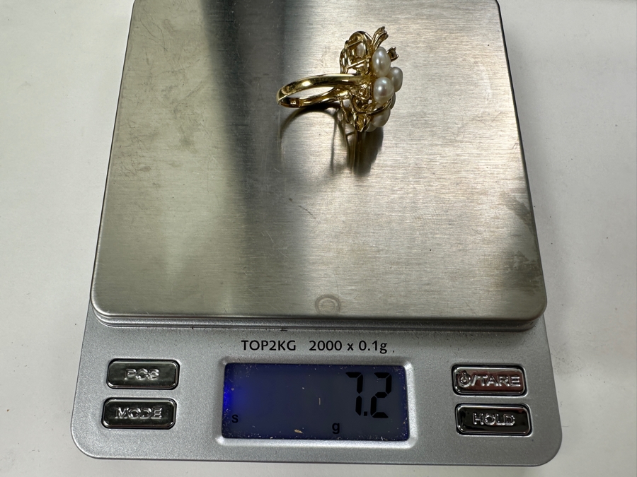 14k Gold Diamond / Pearl Ring Set With (4) 1.5mm Round Brilliant Diamonds Est. .10cttw And (10) 5mm Potato Pearls Size 5.5 7.2g Retails $2,600 [Photo 10]