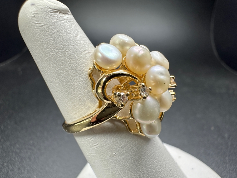 14k Gold Diamond / Pearl Ring Set With (4) 1.5mm Round Brilliant Diamonds Est. .10cttw And (10) 5mm Potato Pearls Size 5.5 7.2g Retails $2,600 [Photo 4]