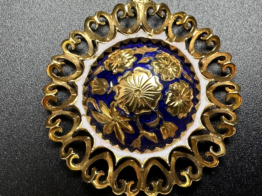 18k Gold Antique Art Nouveau Hand Engraved Enamel Floral Pendant 7.8g Retails $3,400 [Photo 4]
