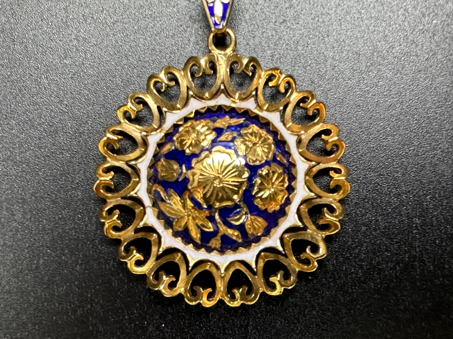 18k Gold Antique Art Nouveau Hand Engraved Enamel Floral Pendant 7.8g Retails $3,400 [Photo 2]