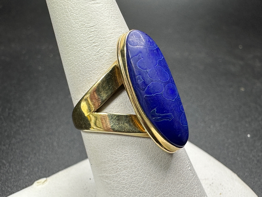 14k Gold 21x9 Blue Dyed Agate Cabochon Ring Size 7.75 4.8g Retails $1,600 [Photo 2]