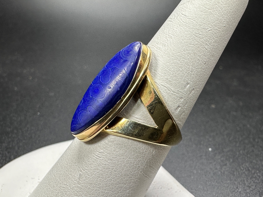14k Gold 21x9 Blue Dyed Agate Cabochon Ring Size 7.75 4.8g Retails $1,600 [Photo 3]