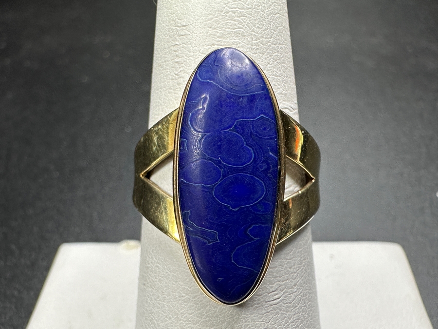 14k Gold 21x9 Blue Dyed Agate Cabochon Ring Size 7.75 4.8g Retails $1,600 [Photo 4]