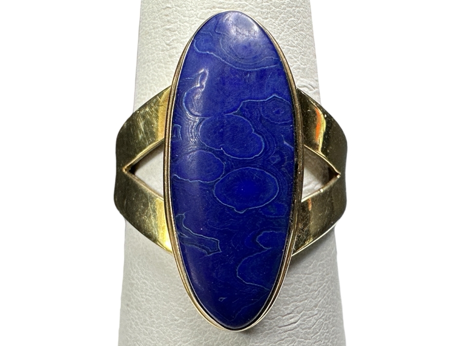 14k Gold 21x9 Blue Dyed Agate Cabochon Ring Size 7.75 4.8g Retails $1,600