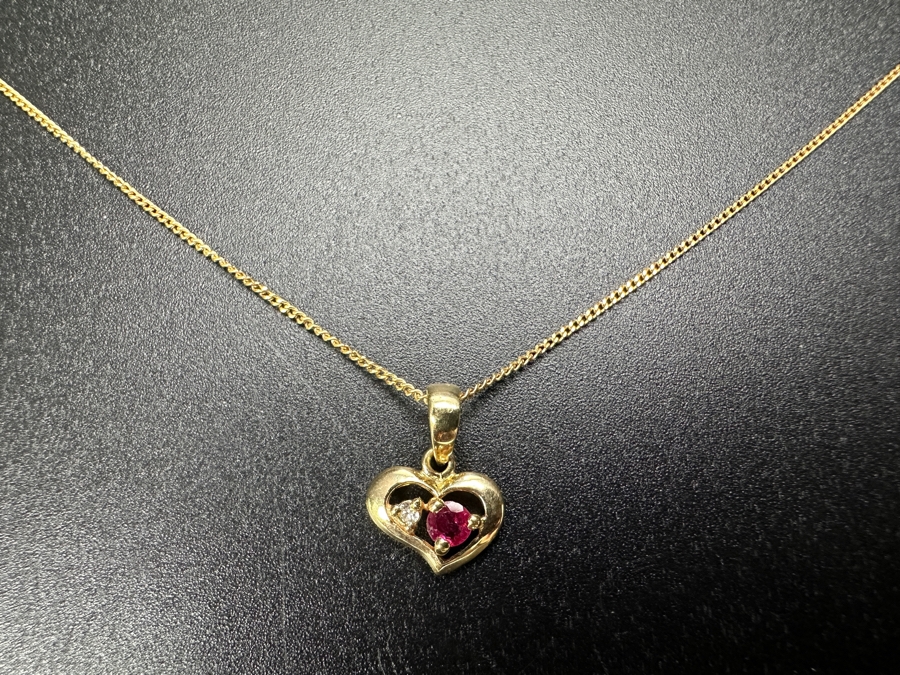 14k Gold Diamond / Ruby Pendant With 14k Gold 16' Chain Necklace 1.6g [Photo 2]