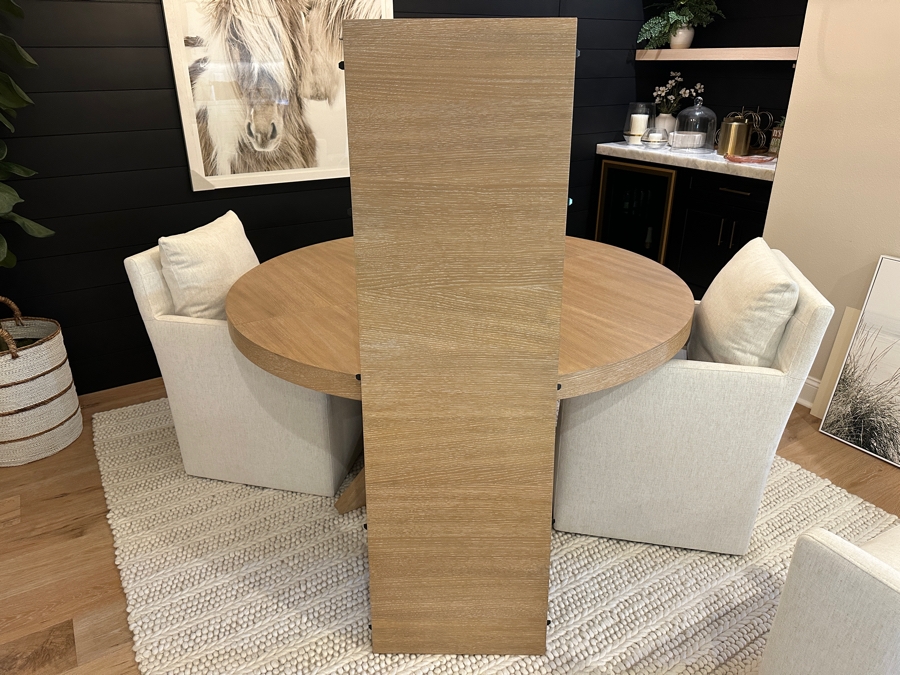 Pottery Barn Modern Farmhouse Round Pedestal Extendable Dining Table (60'-78') With Four Jason Furniture Upholstered Dining Chairs On Casters [Photo 12]