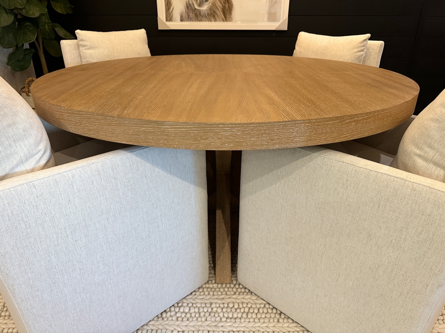 Pottery Barn Modern Farmhouse Round Pedestal Extendable Dining Table (60'-78') With Four Jason Furniture Upholstered Dining Chairs On Casters [Photo 5]