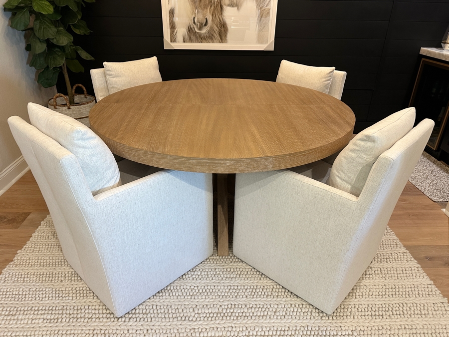 Pottery Barn Modern Farmhouse Round Pedestal Extendable Dining Table (60'-78') With Four Jason Furniture Upholstered Dining Chairs On Casters