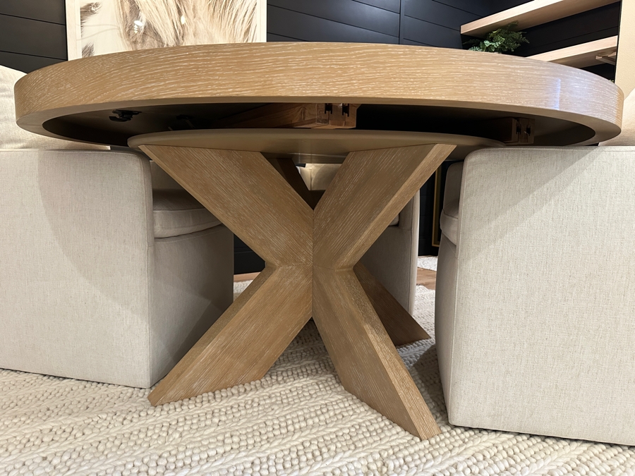 Pottery Barn Modern Farmhouse Round Pedestal Extendable Dining Table (60'-78') With Four Jason Furniture Upholstered Dining Chairs On Casters [Photo 6]