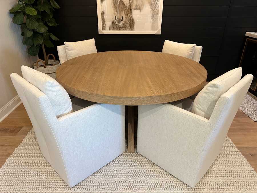 Pottery Barn Modern Farmhouse Round Pedestal Extendable Dining Table (60'-78') With Four Jason Furniture Upholstered Dining Chairs On Casters [Photo 2]