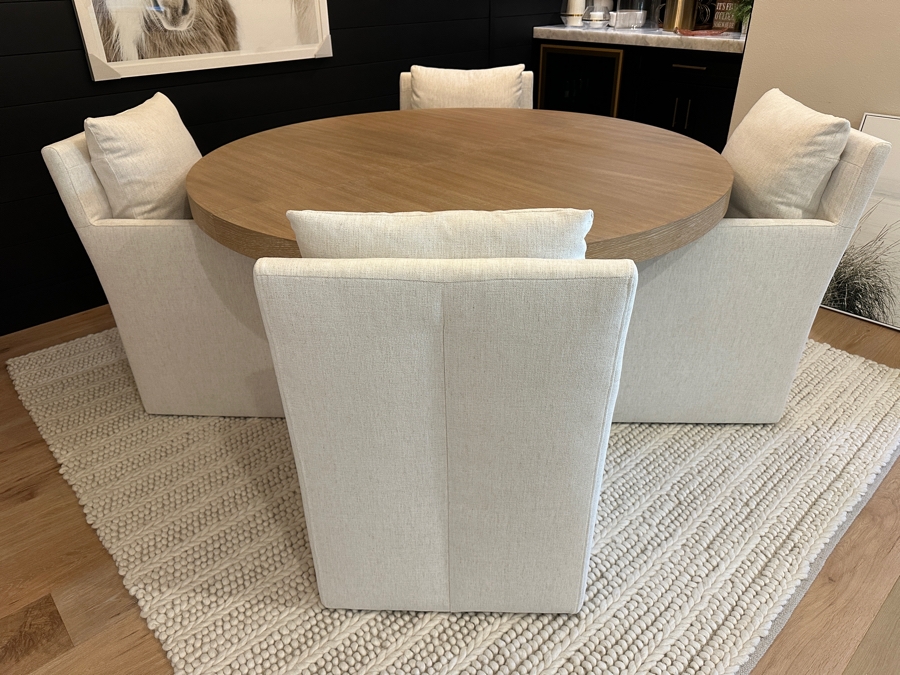 Pottery Barn Modern Farmhouse Round Pedestal Extendable Dining Table (60'-78') With Four Jason Furniture Upholstered Dining Chairs On Casters [Photo 4]