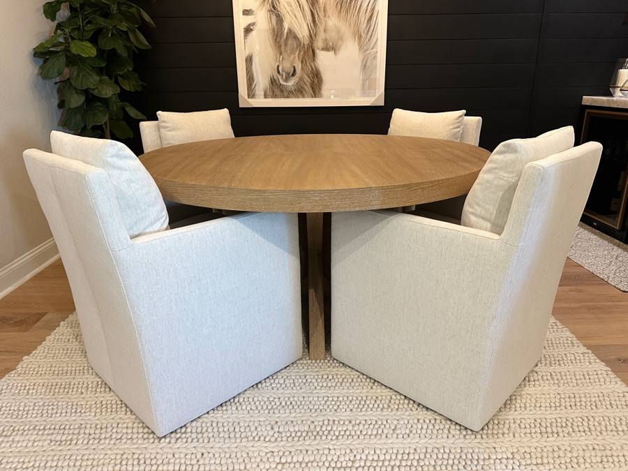 Pottery Barn Modern Farmhouse Round Pedestal Extendable Dining Table (60'-78') With Four Jason Furniture Upholstered Dining Chairs On Casters [Photo 3]